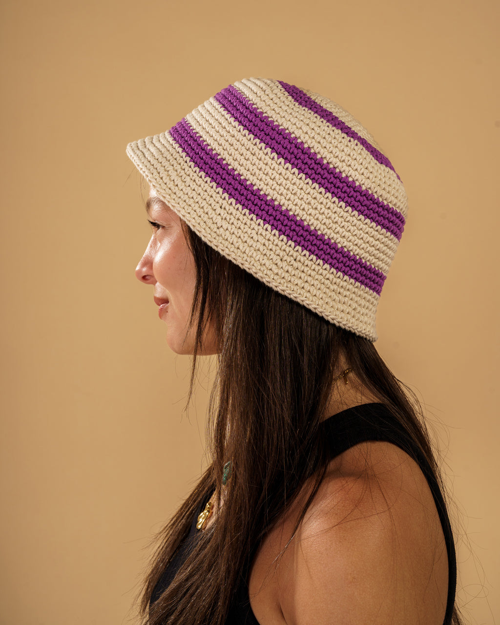 Handmade Crochet Bucket Hat – Purple & Cream
