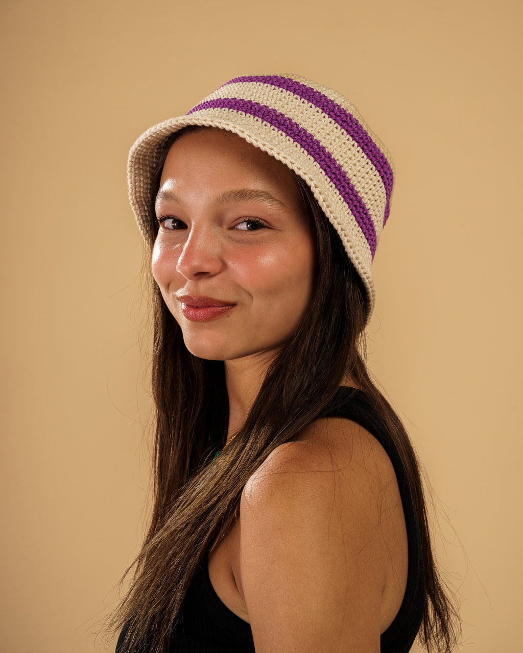 Handmade Crochet Bucket Hat – Purple & Cream