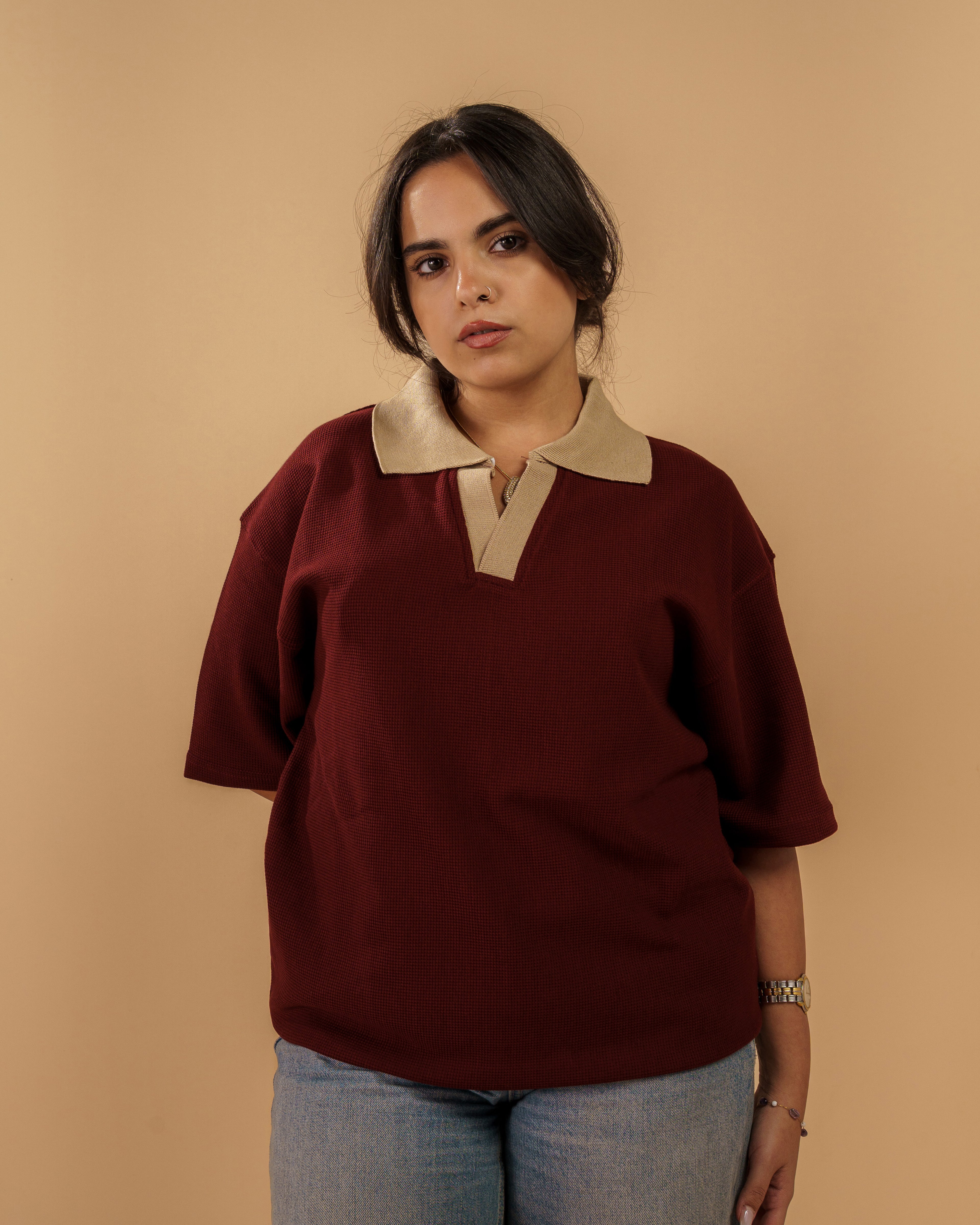 V-Neck Polo Shirt - Burgundy