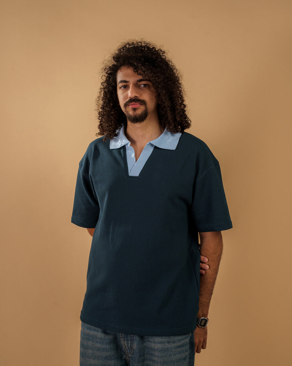 V-Neck Polo Shirt - Indigo