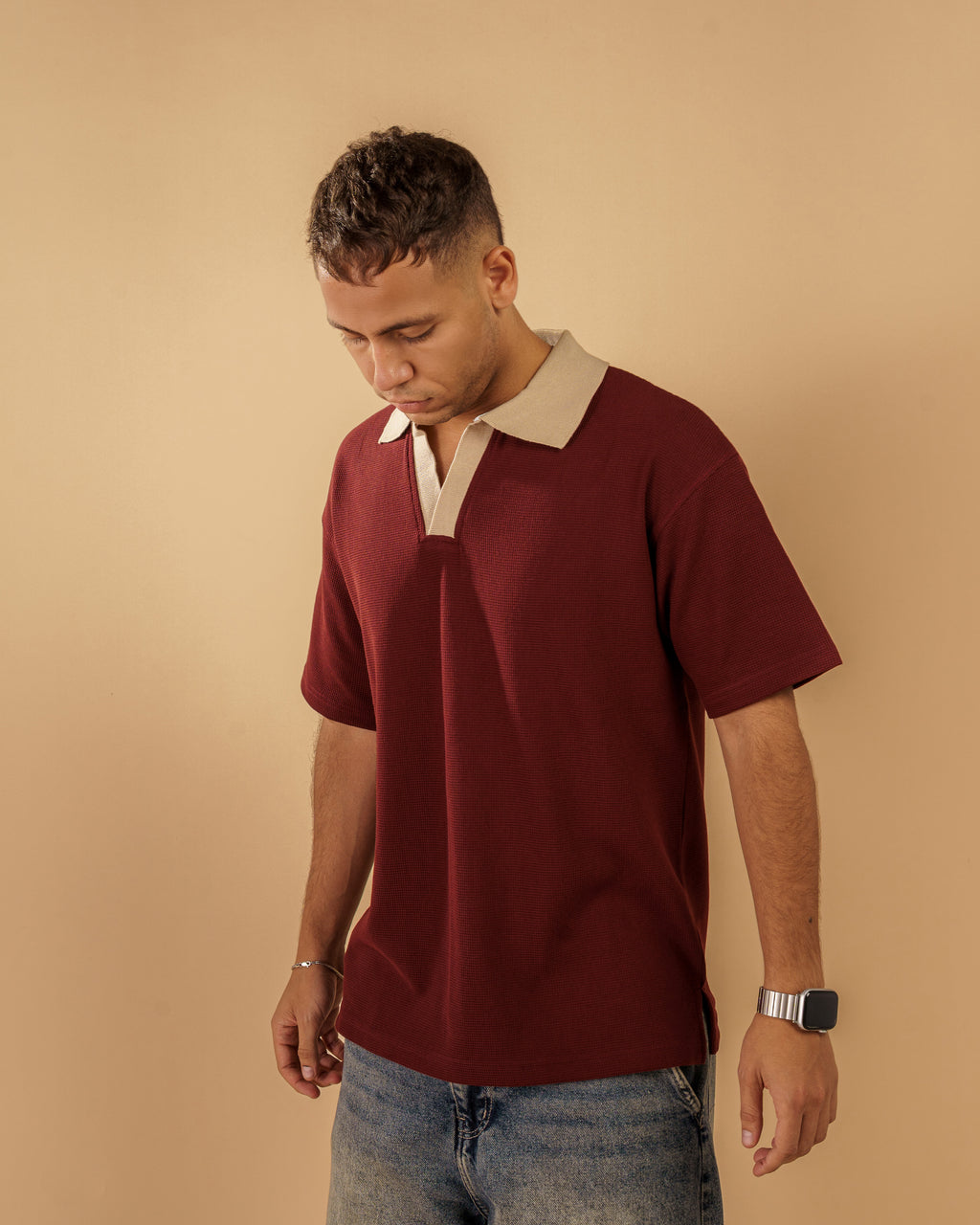 V-Neck Polo Shirt - Burgundy