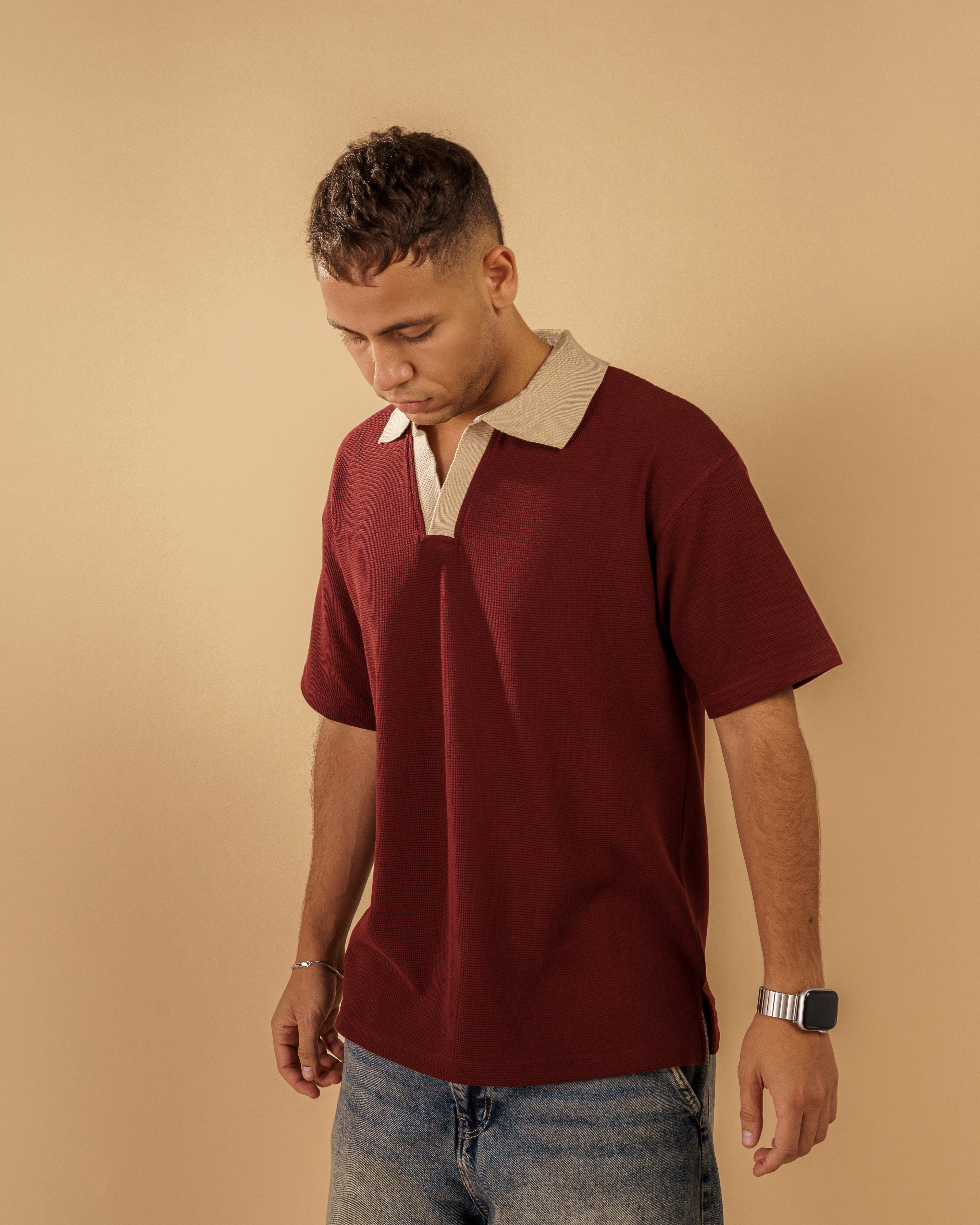 V-Neck Polo Shirt - Burgundy